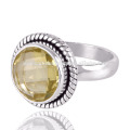 Bague en argent sterling 925 à quartz à quartz au citron et forme ronde